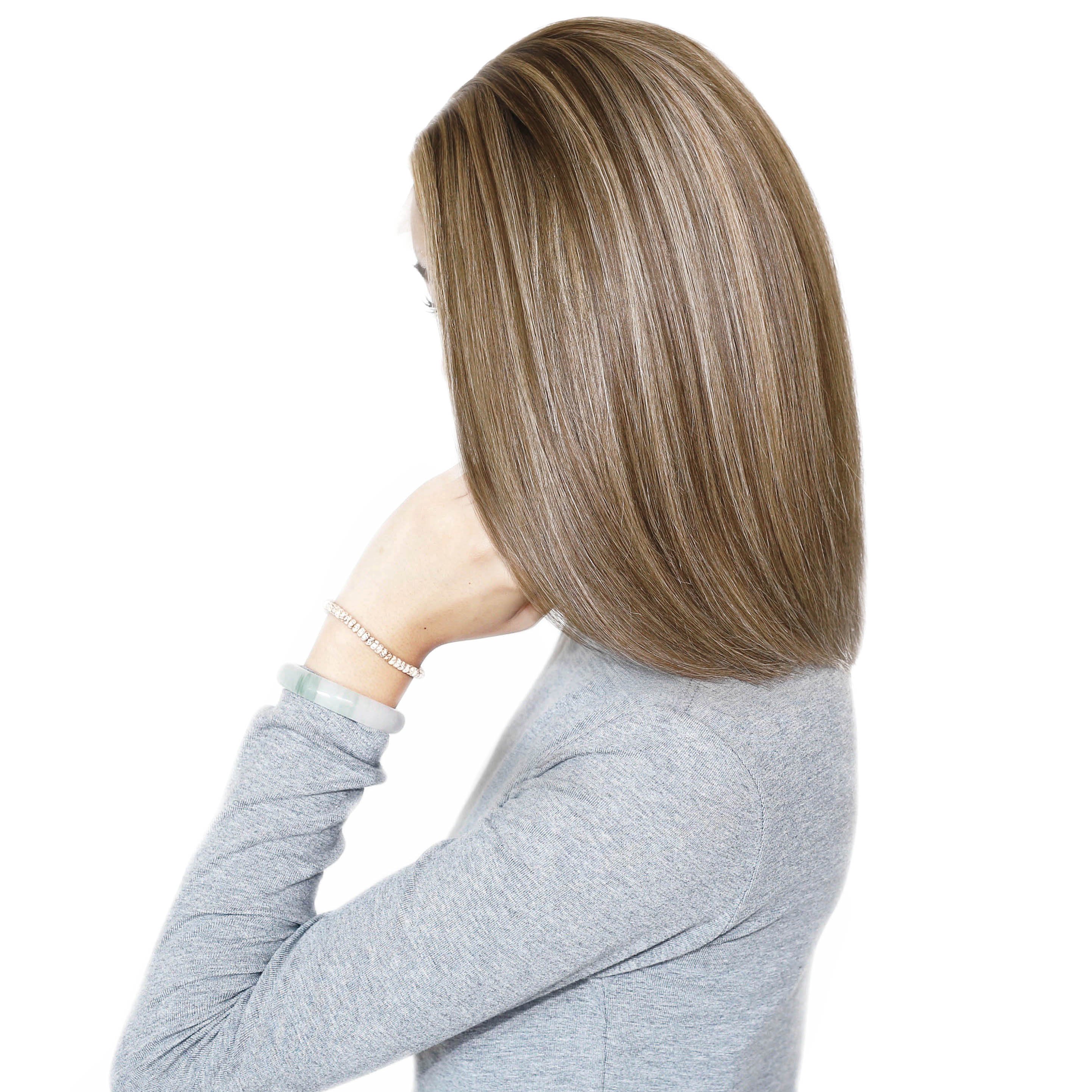 Straight Lace Front & Top Wig Sand Blonde And Beach Brown Hand Painted Glueless Human Hair Balayage Ombre Highlights Wig