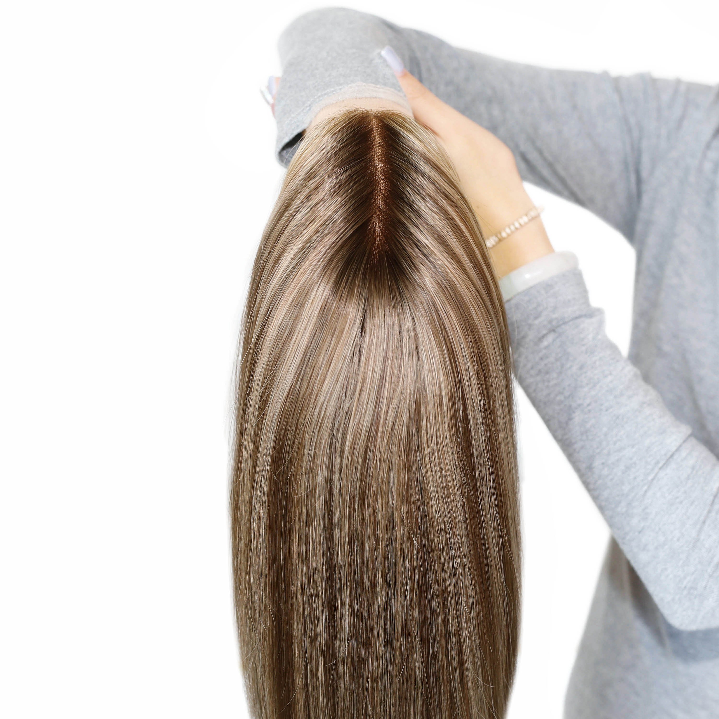 Straight Lace Front & Top Wig Sand Blonde And Beach Brown Hand Painted Glueless Human Hair Balayage Ombre Highlights Wig