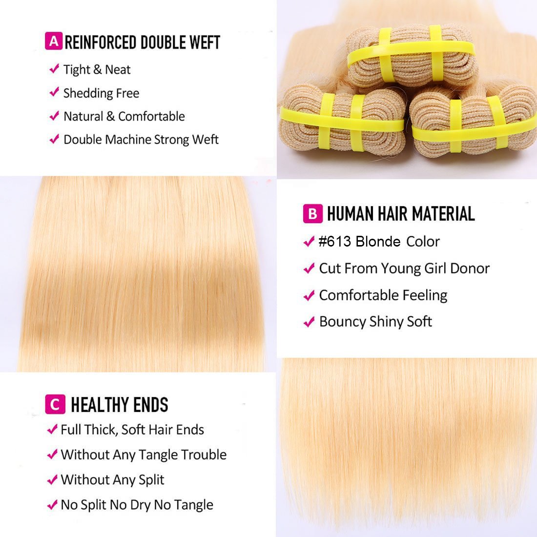 10A Blonde Cuticle Aligned Hair Weave Bundles, 613 Human Hair Extension, 613 Virgin Hair Bundles Vendors