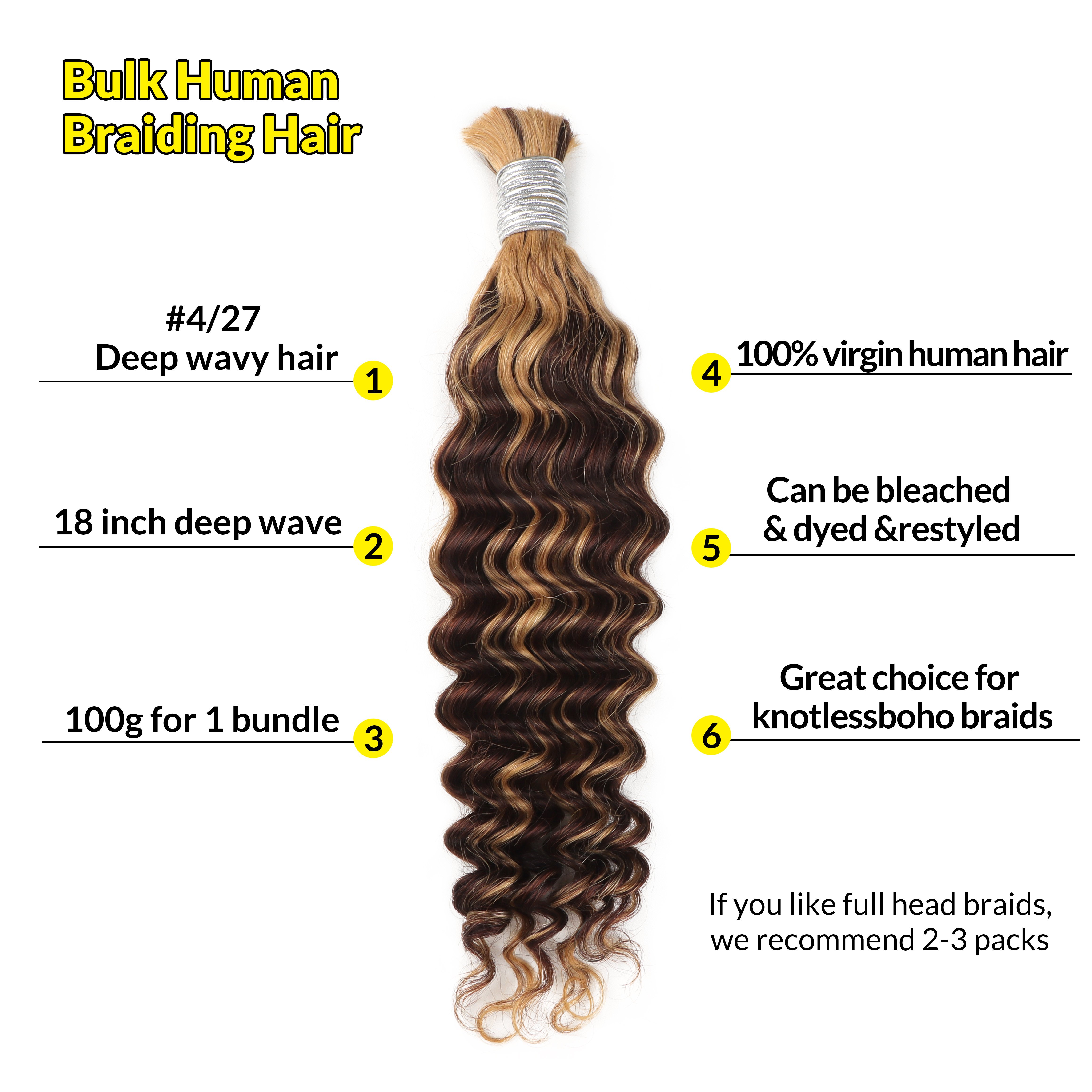 VAST Deep Wave Bulk Human Hair for Braiding P4/27 100g Honey Blonde Human Hair Extensions for Micro Braids Hair