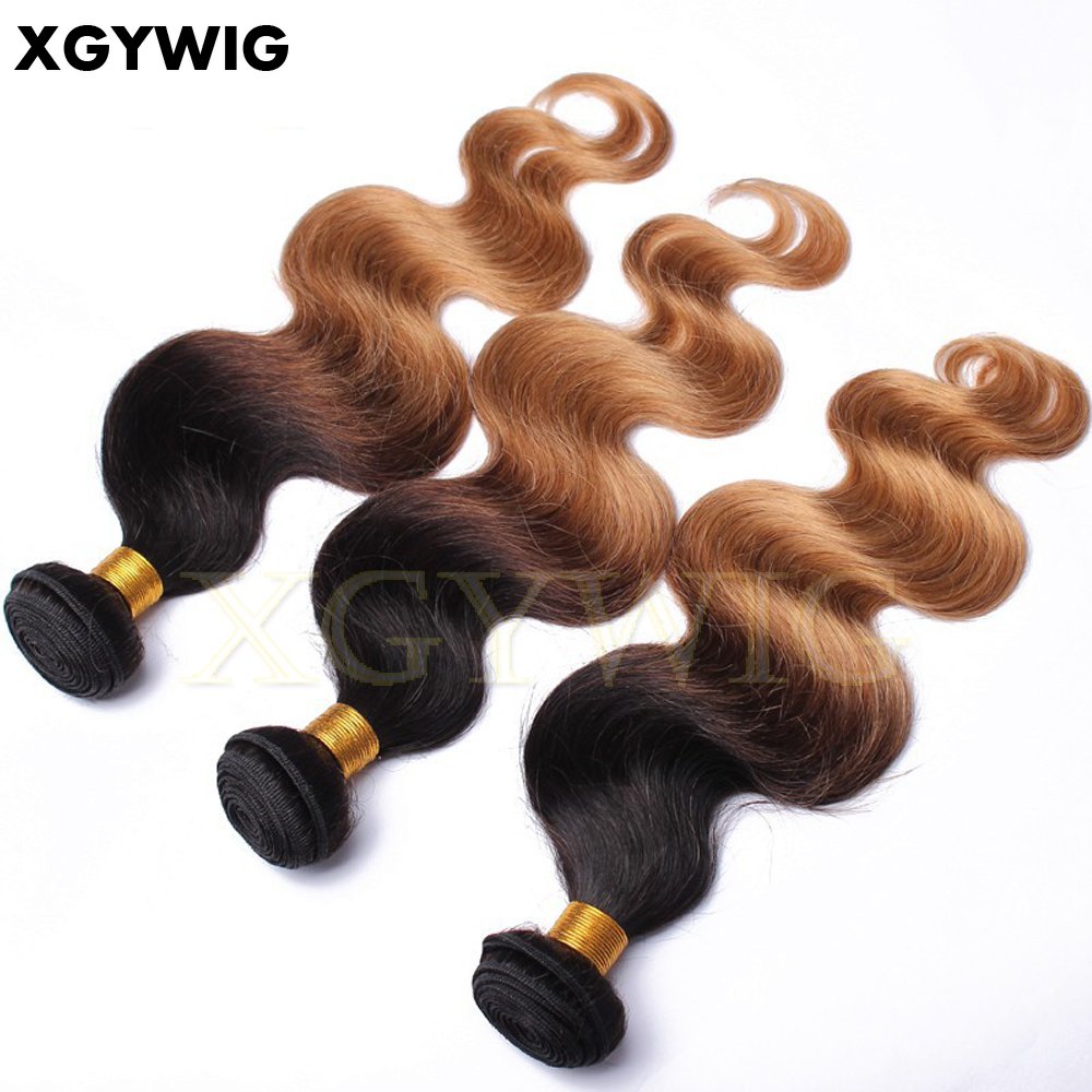 Stock 10"-30" T1B/4/27 Ombre colored bundles Virgin Brazilian Body Wave 3 Tone Human Hair extensions
