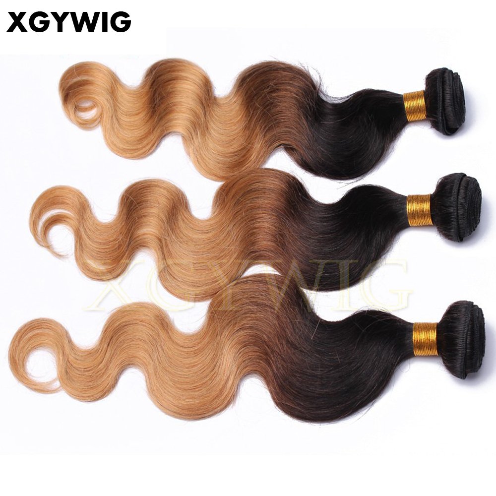 Stock 10"-30" T1B/4/27 Ombre colored bundles Virgin Brazilian Body Wave 3 Tone Human Hair extensions
