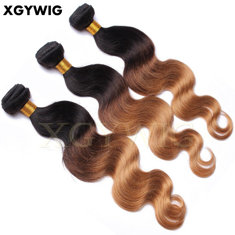 Stock 10"-30" T1B/4/27 Ombre colored bundles Virgin Brazilian Body Wave 3 Tone Human Hair extensions