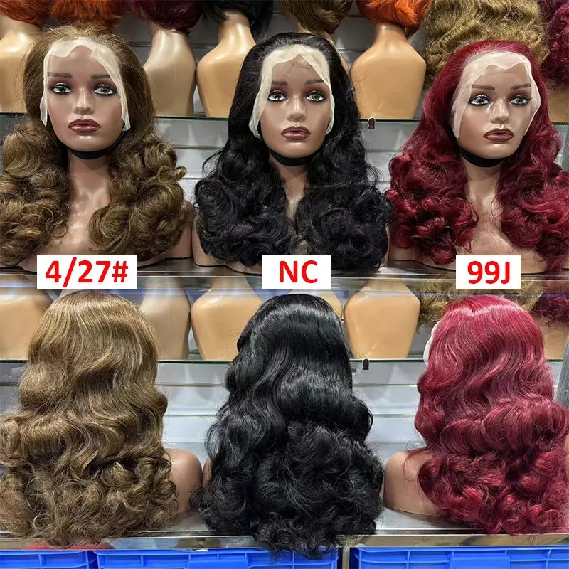 Letsfly 13*4 Lace Frontal Bouncy Curly 300% Density Full Wigs 10A Grade Raw Burmese Curly Hair Wigs 4/27, 99J For Black Lady
