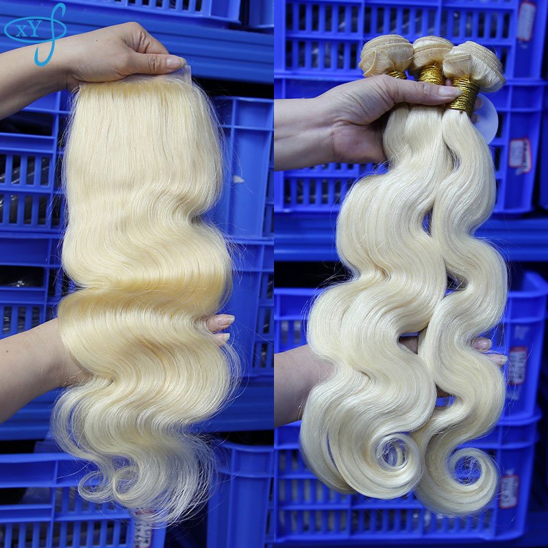 Free sample raw wefted human hair extensions curly lace closure 613 blonde bundles with frontal hair weave diatributors