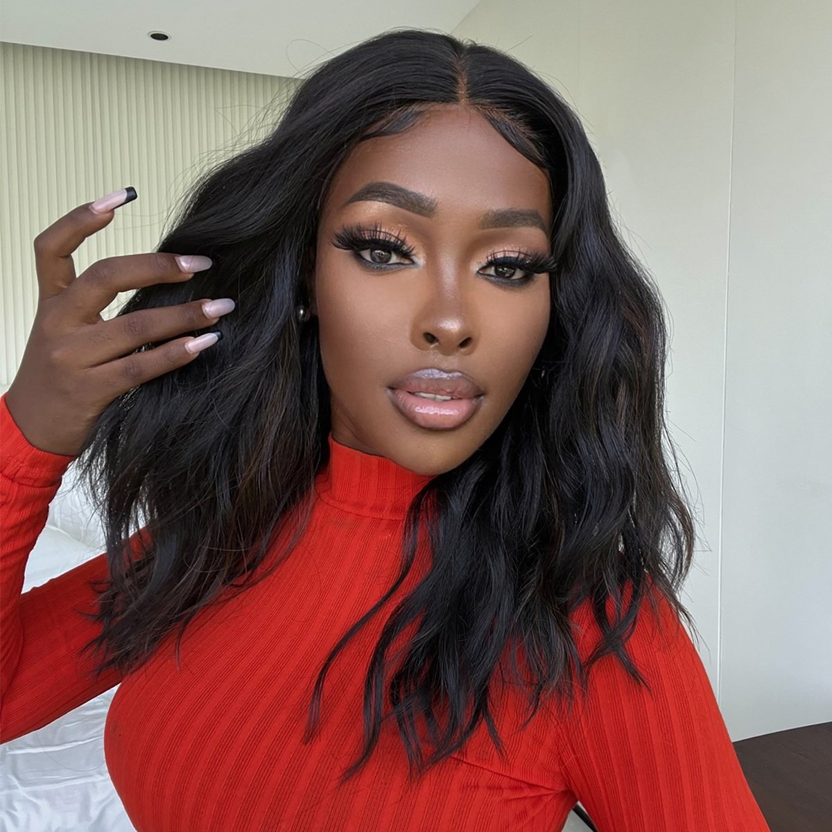 Future Chemical Fiber Synthetic black Mid-length Short Curly Hair Wavy T-shaped Lace Wig Soft No Glue Soft