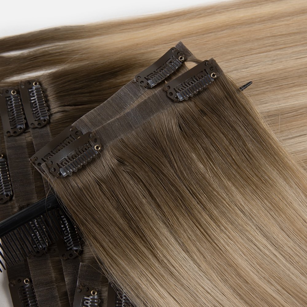 Double drawn 12A Grade Russian virgin hair seamless invisible PU skin clip in hair extensions
