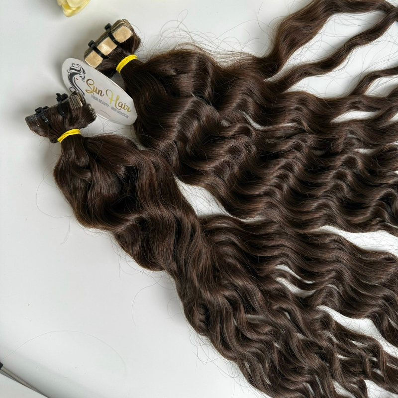 Wholesale High Quality Water Wave With Brown Color Super Double Drawn Invisible Tape 100% Real Human Hair Extensions
