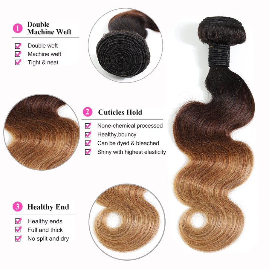 Ombre Hair Bundles Body Wave T1B/4/27 Colored Malaysian Human Hair Extension 3 Tone Color 100% Human Hair Bundles Vendors RUBE
