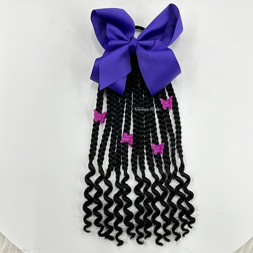 New arrival kids box braided ponytail with curly end cornrows braids with red butterfly type clips and red bow tie for girl