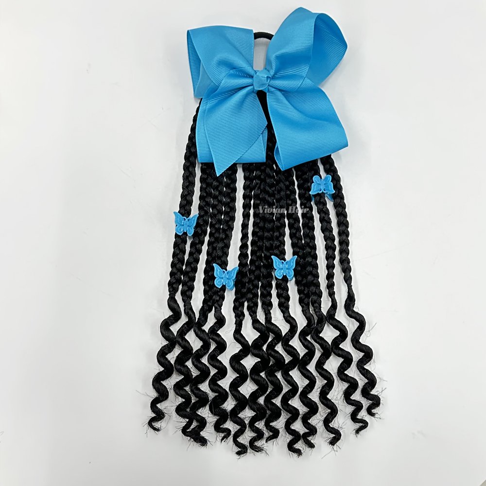 New arrival kids box braided ponytail with curly end cornrows braids with red butterfly type clips and red bow tie for girl