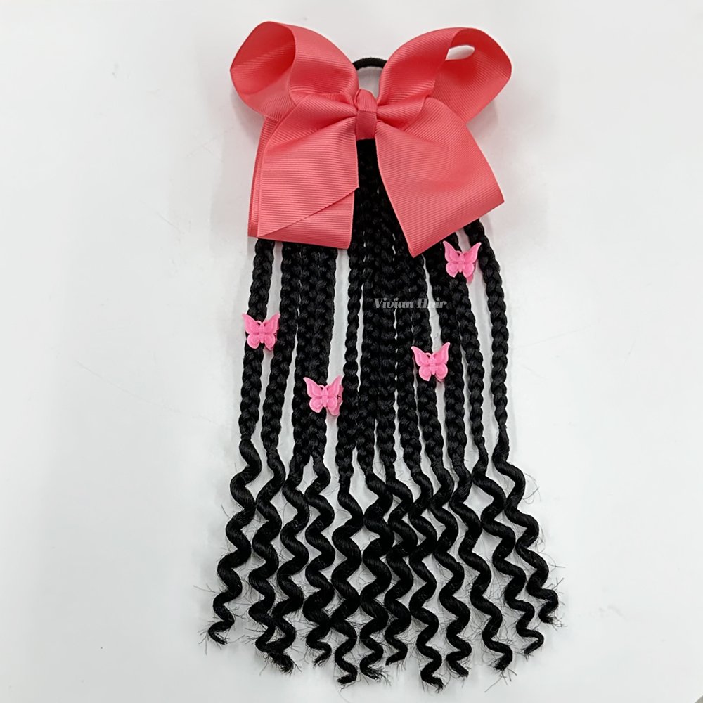 New arrival kids box braided ponytail with curly end cornrows braids with red butterfly type clips and red bow tie for girl