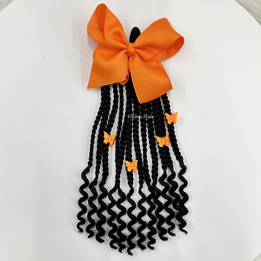 New arrival kids box braided ponytail with curly end cornrows braids with red butterfly type clips and red bow tie for girl