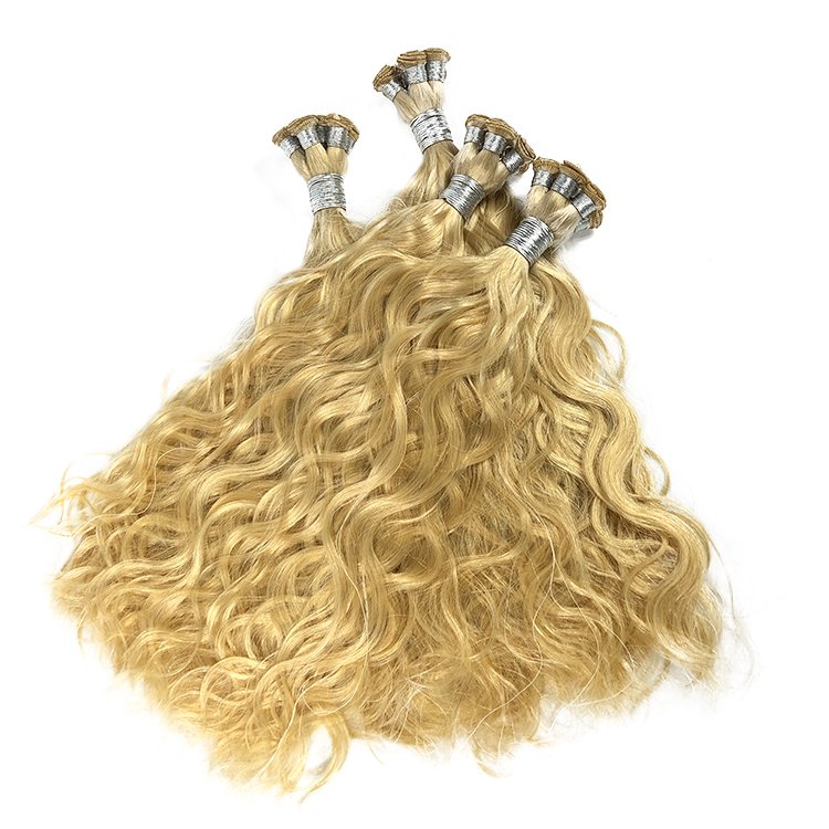 Wholesale double drawn russian hair blonde color loose wave hand tied weft human hair extensions