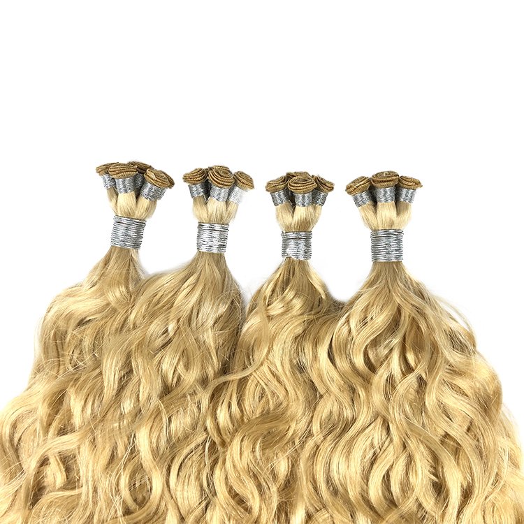 Wholesale double drawn russian hair blonde color loose wave hand tied weft human hair extensions