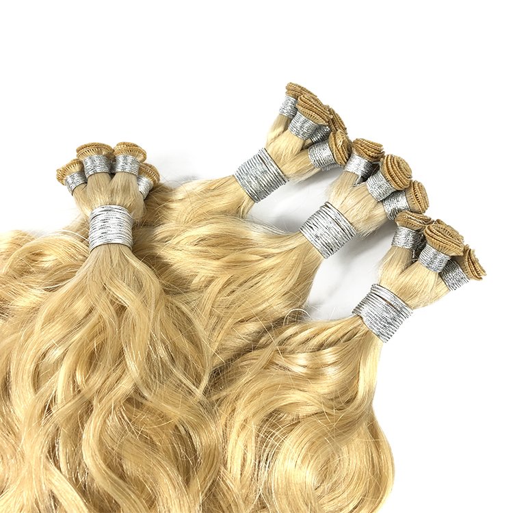 Wholesale double drawn russian hair blonde color loose wave hand tied weft human hair extensions