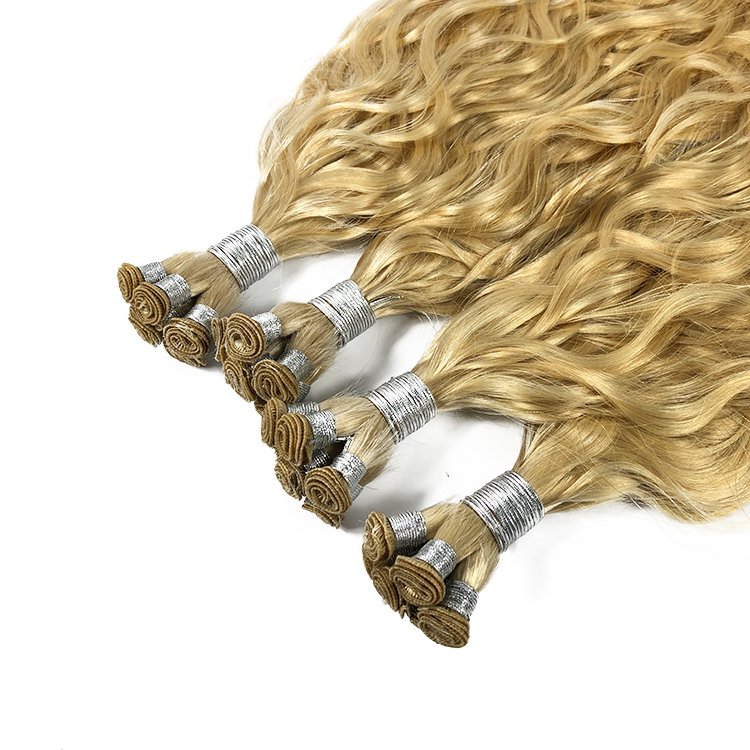 Wholesale double drawn russian hair blonde color loose wave hand tied weft human hair extensions