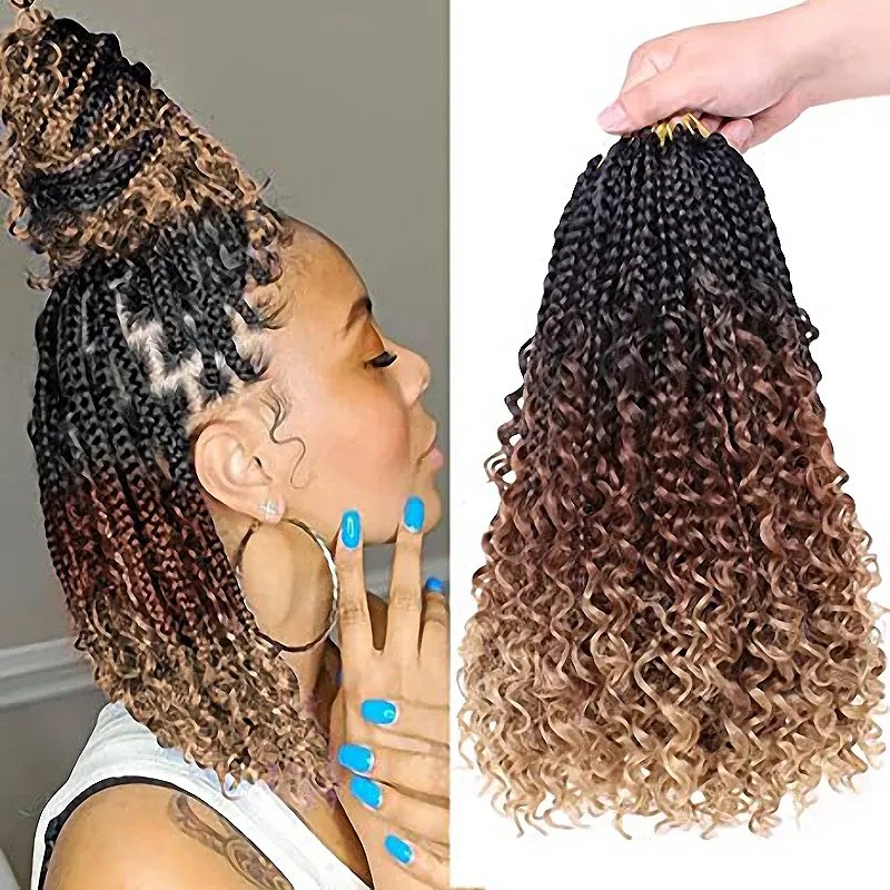 Hot Selling High temperature fiber Boho Box Braids Bohemian Curly Ends 14 Inch 65g Braids Crochet Hair