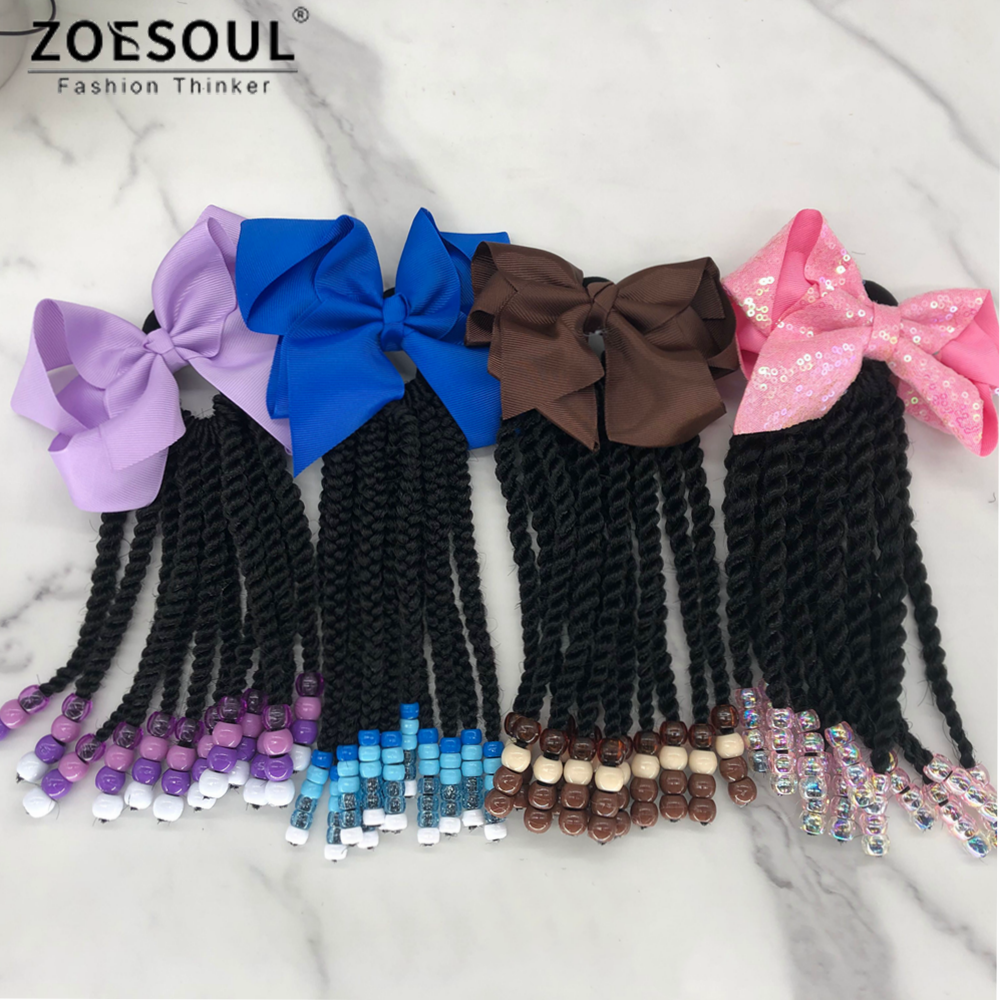 Kids Ponytail with beads 6inch 8inch Braid Twist Hair Extension Synthetic Wrap Around Ponytail for little girls kids children