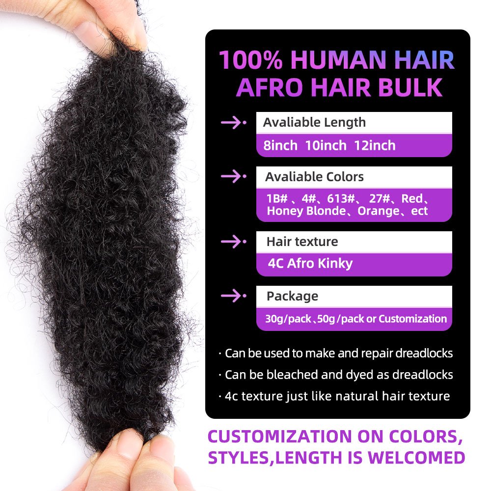 BLT 8-12 Inches Afro Kinky Bulk human hair For Dreadlocks Repair extensions Natural Soft For Men And Women