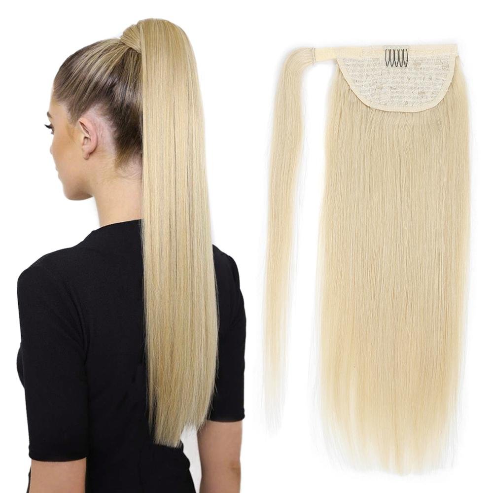 MRSHAIR 24inch 140g long Real Human Hair Ponytail Extension Brazilian Straight Blonde Human Hair Ponytail Hair Extensions