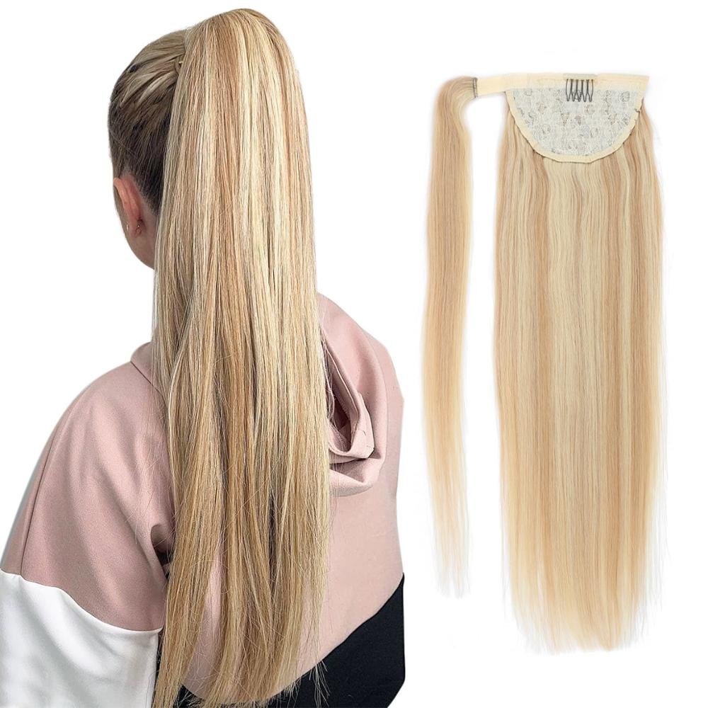 MRSHAIR 24inch 140g long Real Human Hair Ponytail Extension Brazilian Straight Blonde Human Hair Ponytail Hair Extensions