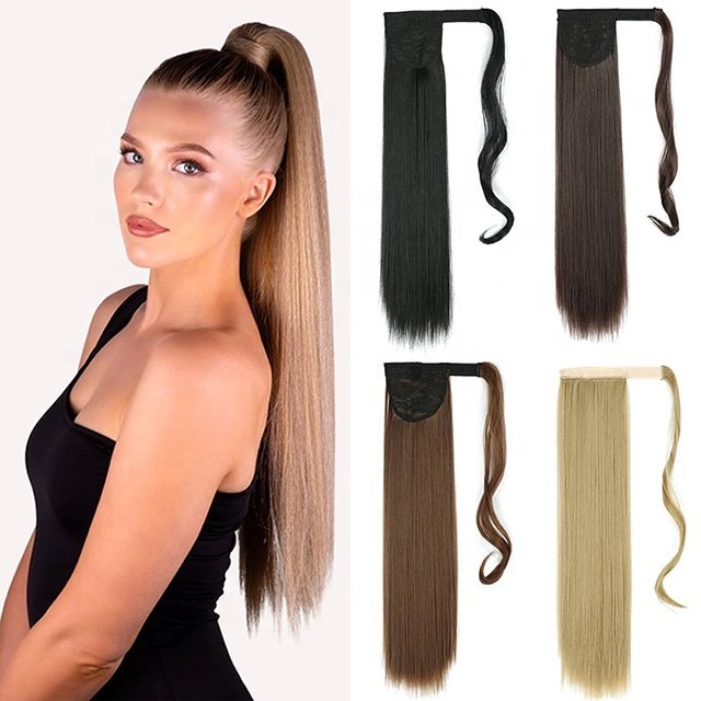 Brazilian Straight Drawstring Ponytail Human Hair Extension Women Hairpiece With Clip Wrap Around Tail HairStyle