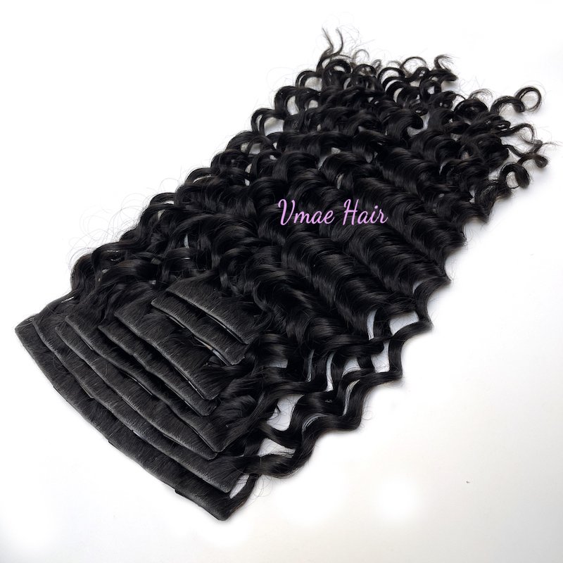 VMAE Wholesale Aligned Human Hair Wig Raw Cuticle PU Invisible Clip Ins Deep Wave Seamless Clip Hair Extension