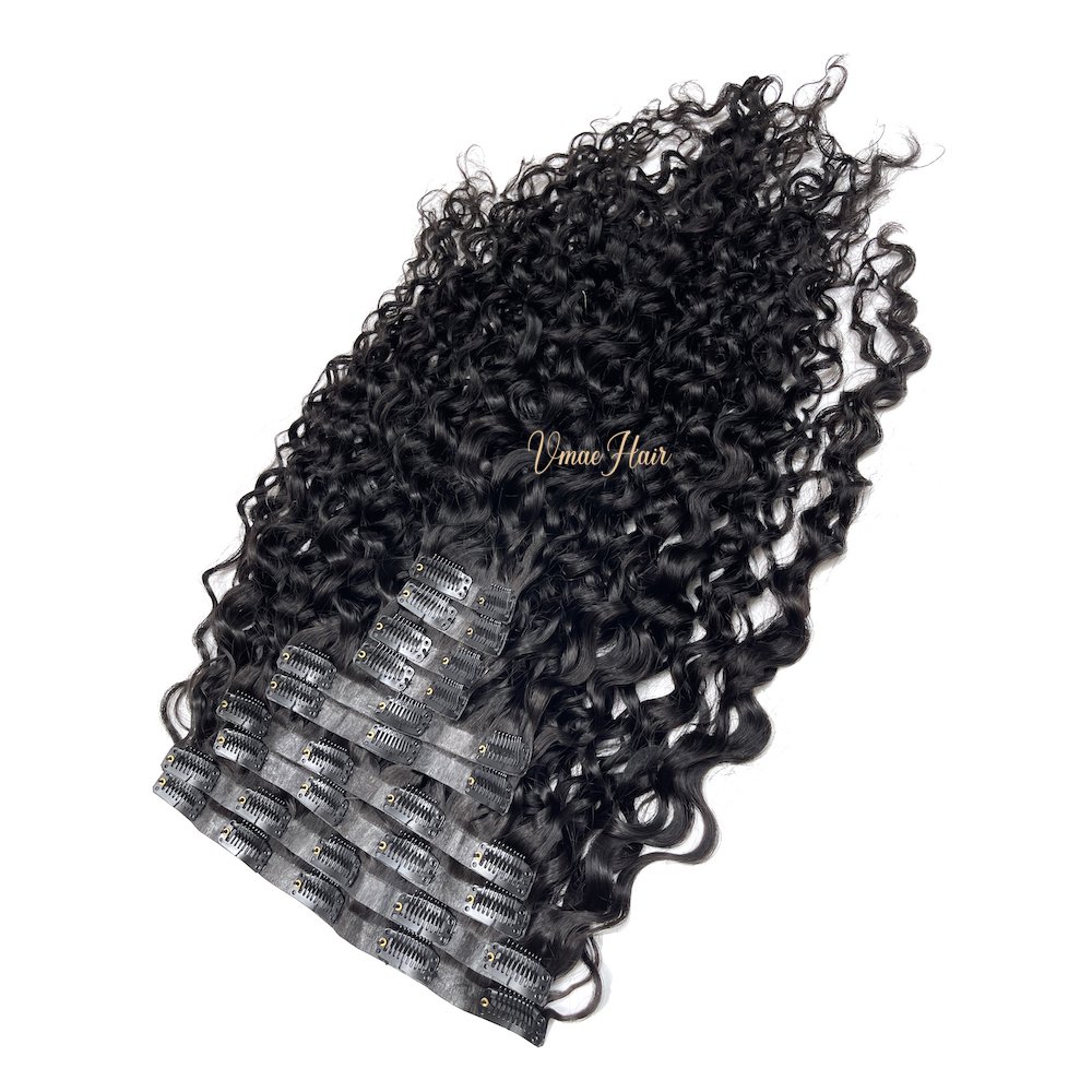 VMAE Wholesale Aligned Human Hair Wig Raw Cuticle PU Invisible Clip Ins Deep Wave Seamless Clip Hair Extension