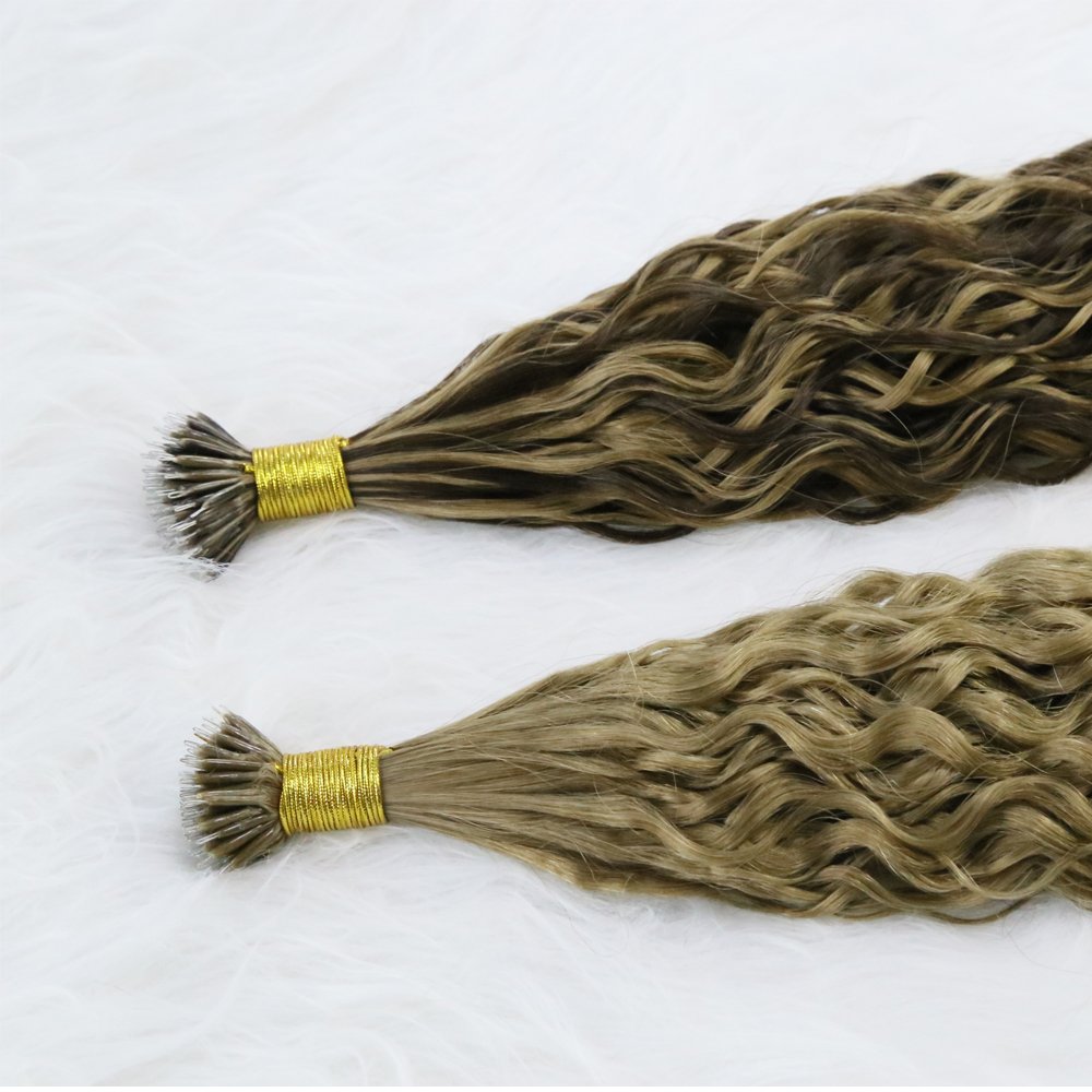 Wholesale Natural Curly Wavy Highlight Piano Color Micro Nano Ring European Russian Remy Human Hair Extensions Double Drawn