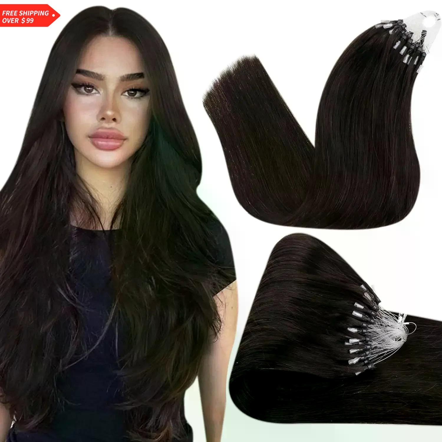 Fish Line Human Hair Extensions Darkest Brown #2 Micro Loop Natural Micro Link Extensions
