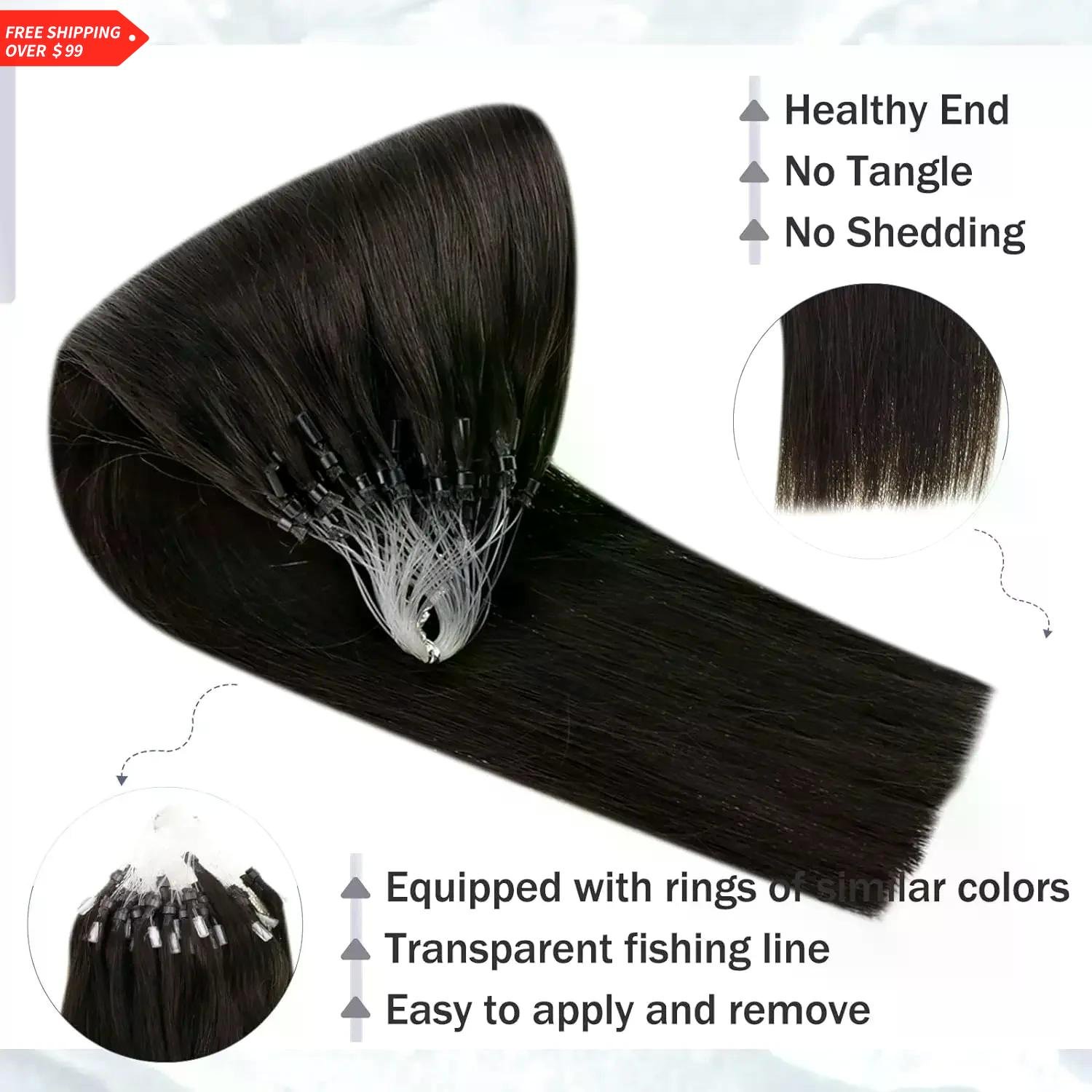 Fish Line Human Hair Extensions Darkest Brown #2 Micro Loop Natural Micro Link Extensions