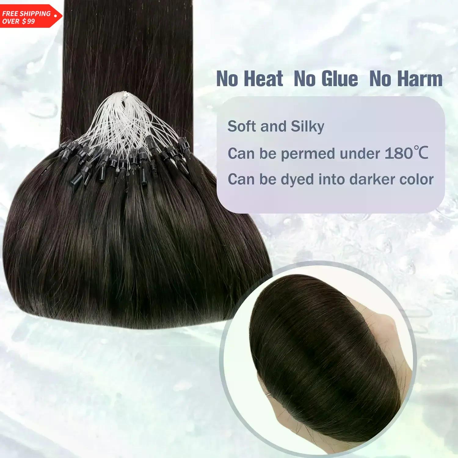 Fish Line Human Hair Extensions Darkest Brown #2 Micro Loop Natural Micro Link Extensions