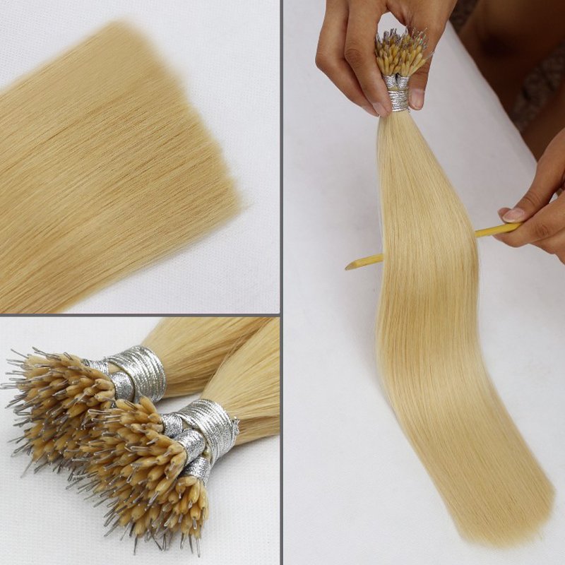 keratin 8 to 30 inch russian platinum blonde color hair real remy human nano ring/nano tip hair extensions