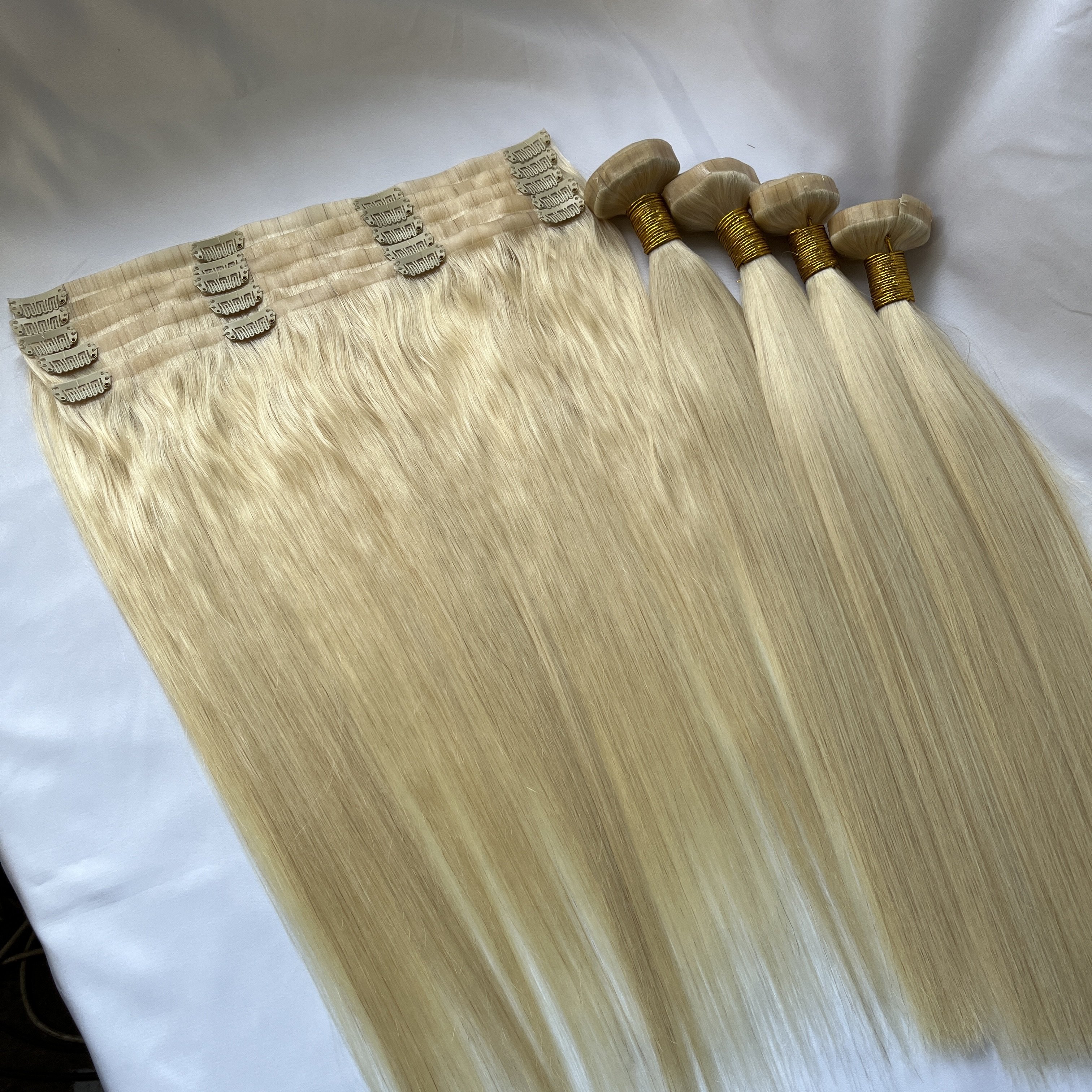 Drop shipping pu skin clip in hair extension raw remy hair blonde color seamless clip in extension