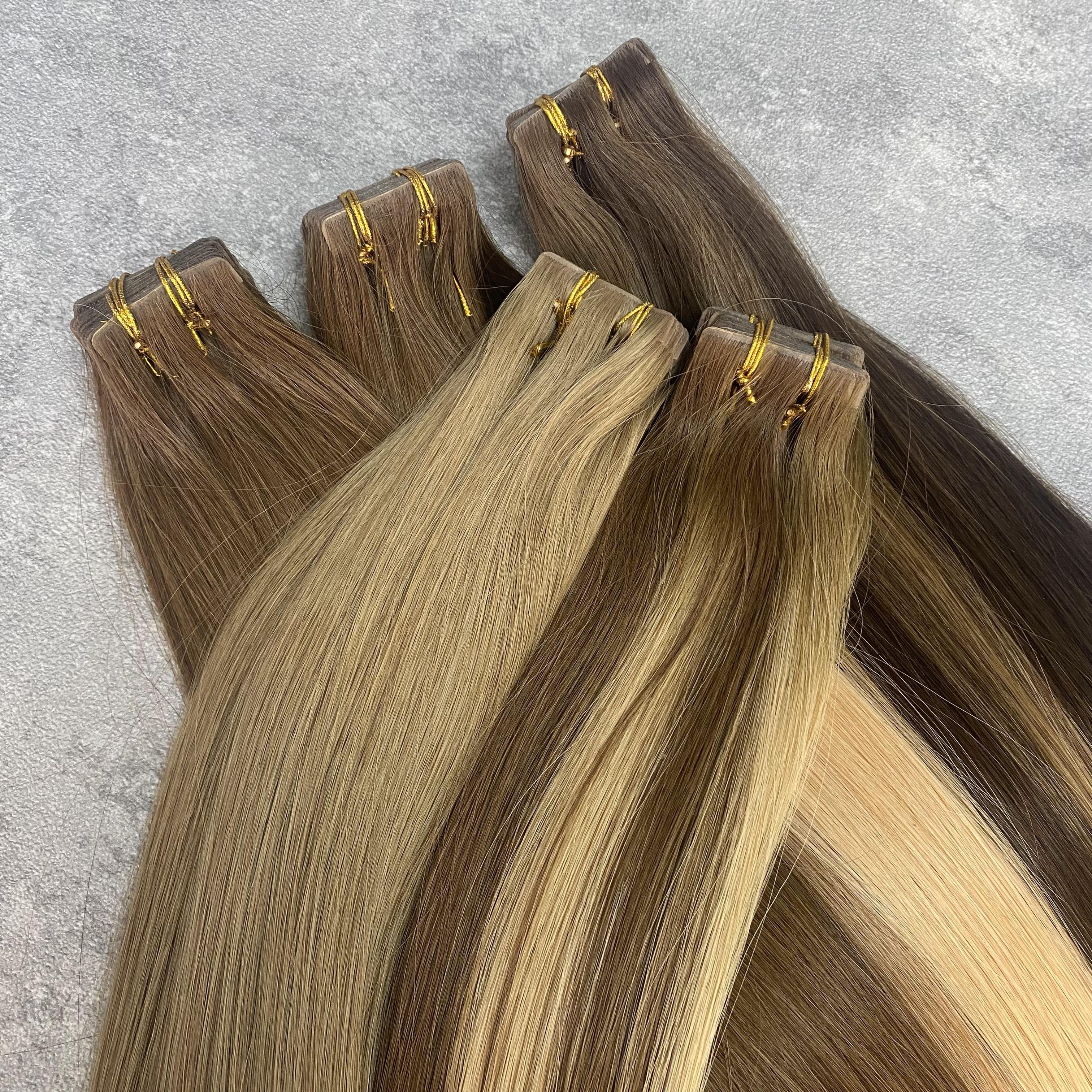 Wholesale Factory Double Drawn Full Cuticle Aligned Raw Virgin Russian Balayage Natural Invisible Tape in Human Hair Extension