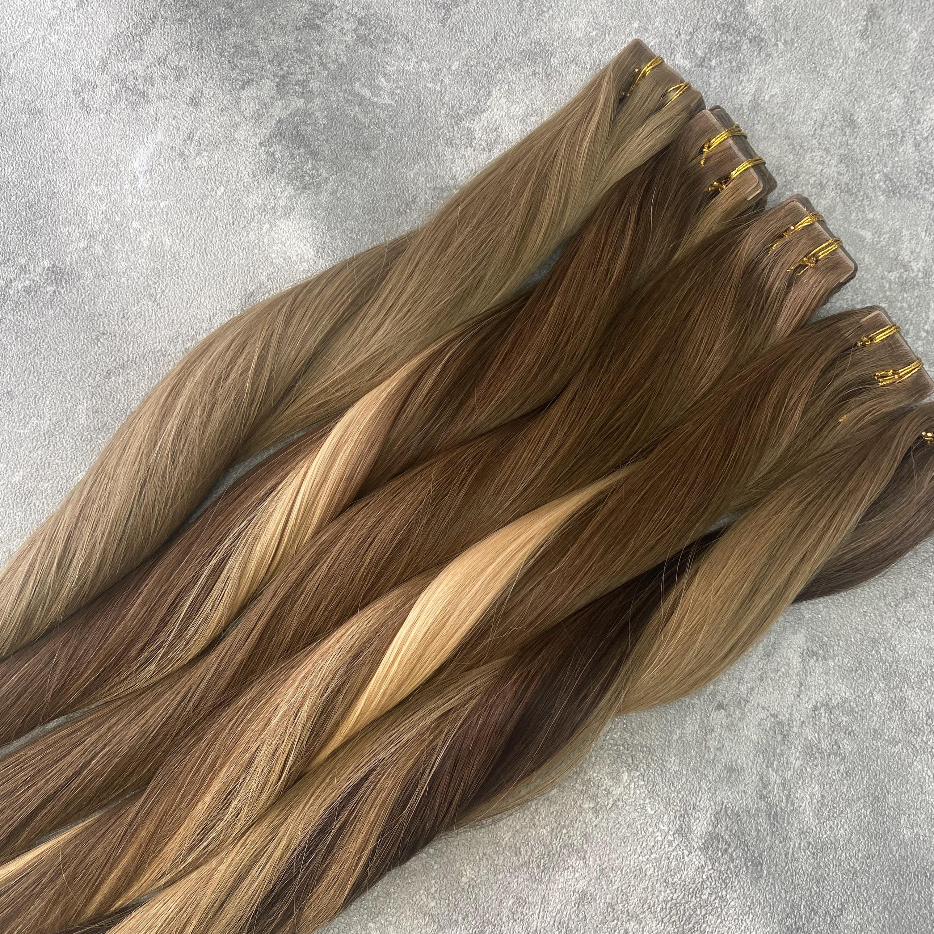 Wholesale Factory Double Drawn Full Cuticle Aligned Raw Virgin Russian Balayage Natural Invisible Tape in Human Hair Extension