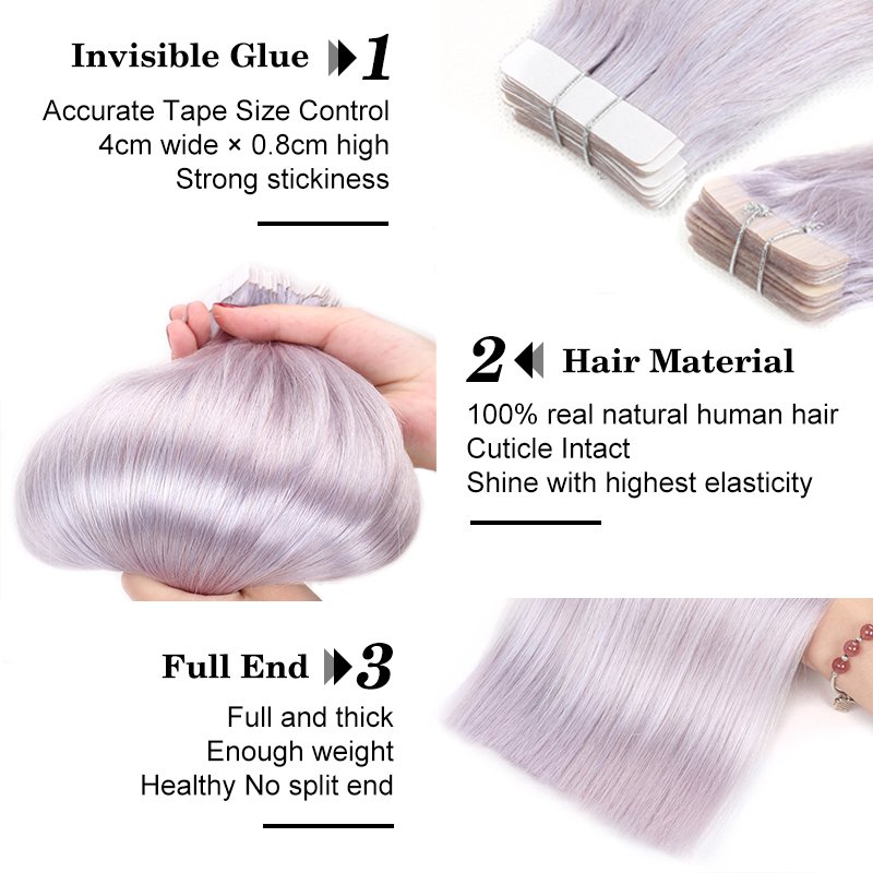 Double Drawn Quality Silver Grey Human Hair Extension Brazilian Gray Color Tape Hair Extensions 100% Human Hair