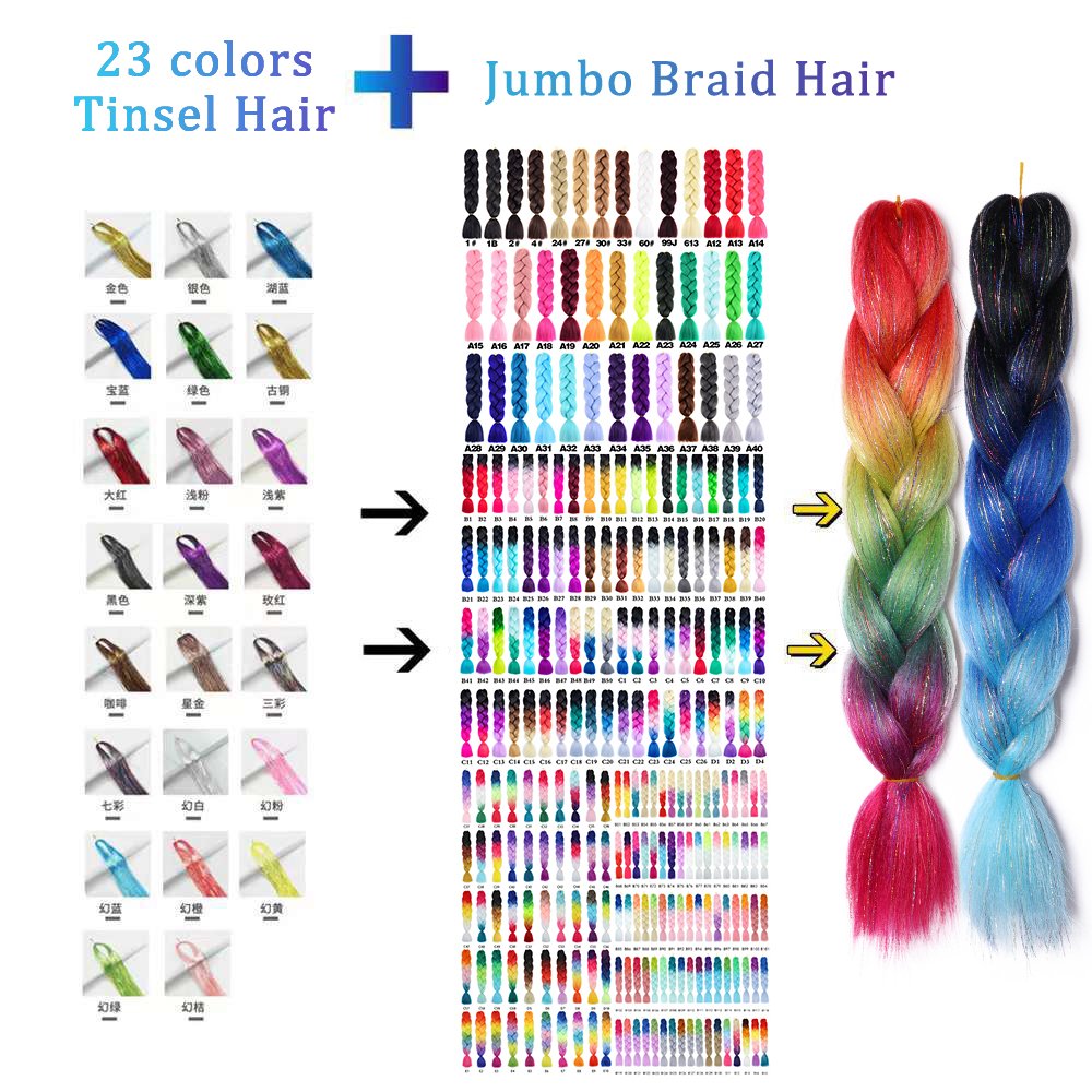 Customized Colors Rainbow Ombre Sparkling Glitter Braiding Hair Jumbo Hair Braids with Tinsel Hair