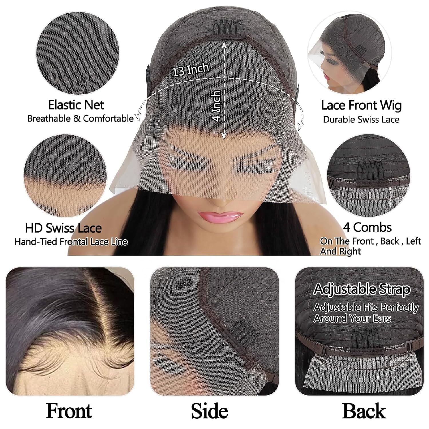 180 250 Density Transparent Glueless Full Hd Lace Wigs,Straight Frontal Peruvian Hair Wigs, Raw Remy Lace Front Human Hair Wigs
