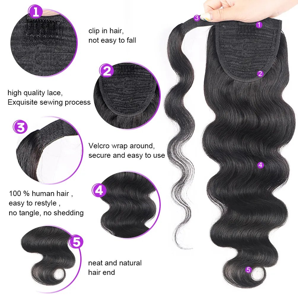 Natural Black Mink Brazilian Hair Ponytail Extensions Long Body Wave Wrap Around Human Hair Ponytails human hair extensions