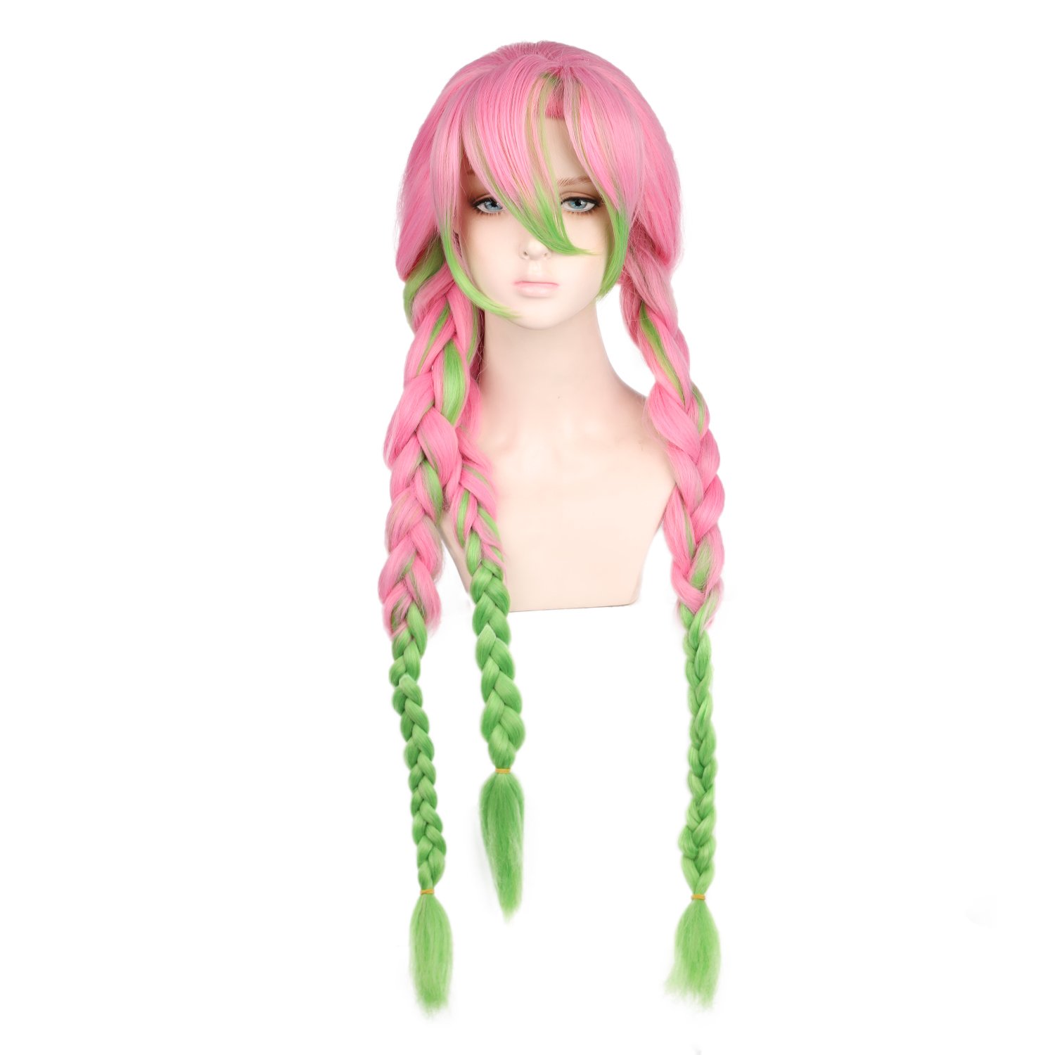 Ainizi wholesale high quality machine made non lace Kanroji Mitsuri cosplay wigs from Demon Slayer with 3 braids for women