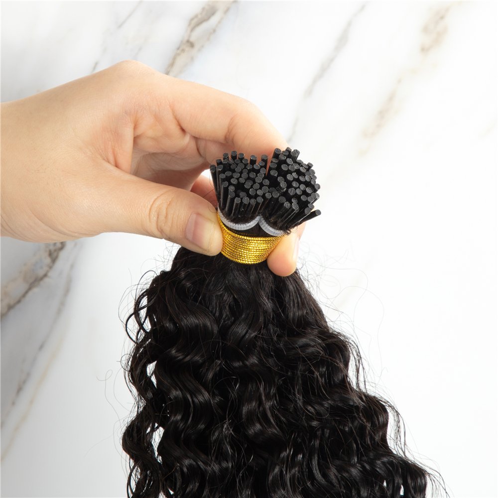 Hot Sell Wholesale Natural Black Water Wave Virgin Chinese Human Hair I Tip 40 Inch Hair Extensions Curly