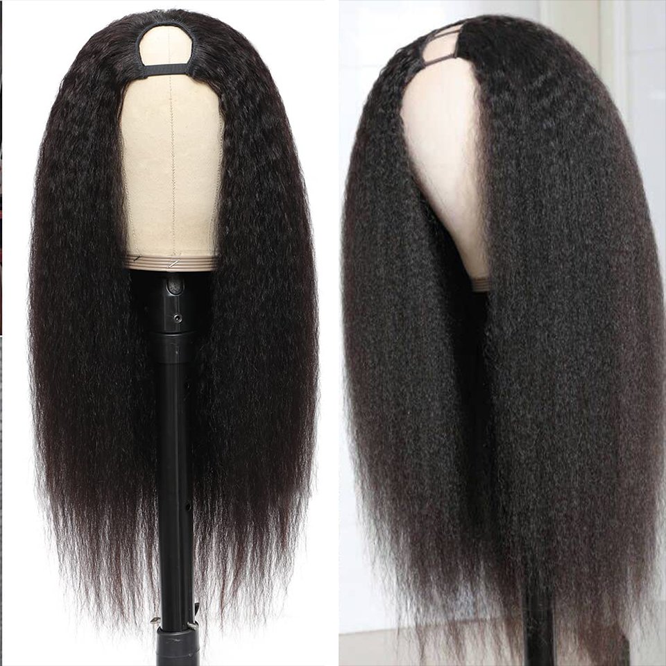 U Part Wig Human Hair Kinky Straight Wigs for Black Women, Brazilian Virgin Hair Clip in Hal Wigs Remy Human Hair Extension