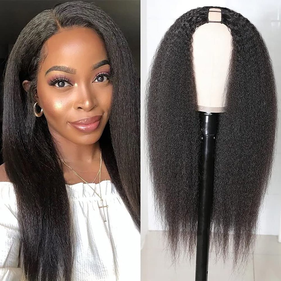U Part Wig Human Hair Kinky Straight Wigs for Black Women, Brazilian Virgin Hair Clip in Hal Wigs Remy Human Hair Extension