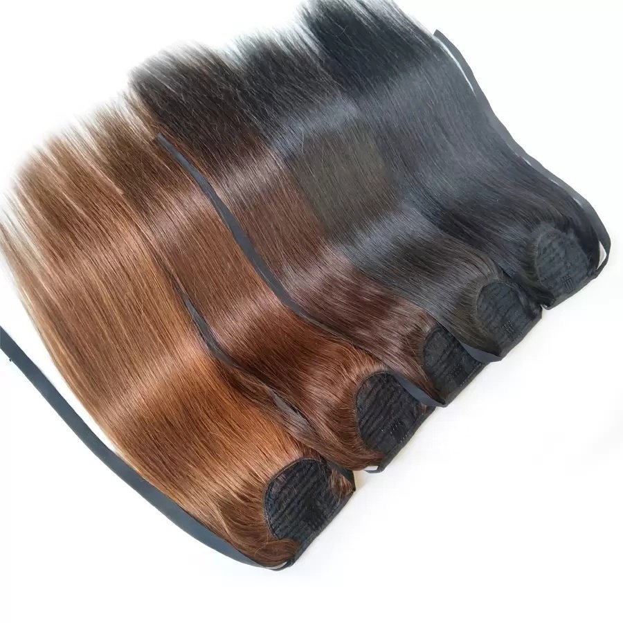 Silky Straight Ponytails Natural High Quality Ribbon Ties Human Hair Extensions Wholesale Price