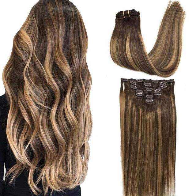 factory highlight clip In Human Hair Extensions , Russian Double Drawn Virgin Remy clip Hair Pieces For Women