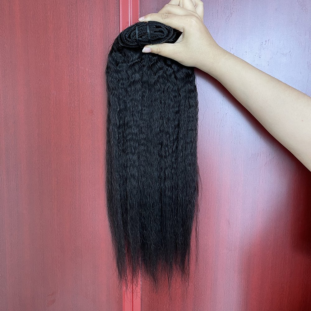 2024 top quality seamless clip in hair extension natural black yaki clip ins kinky straight hair extension