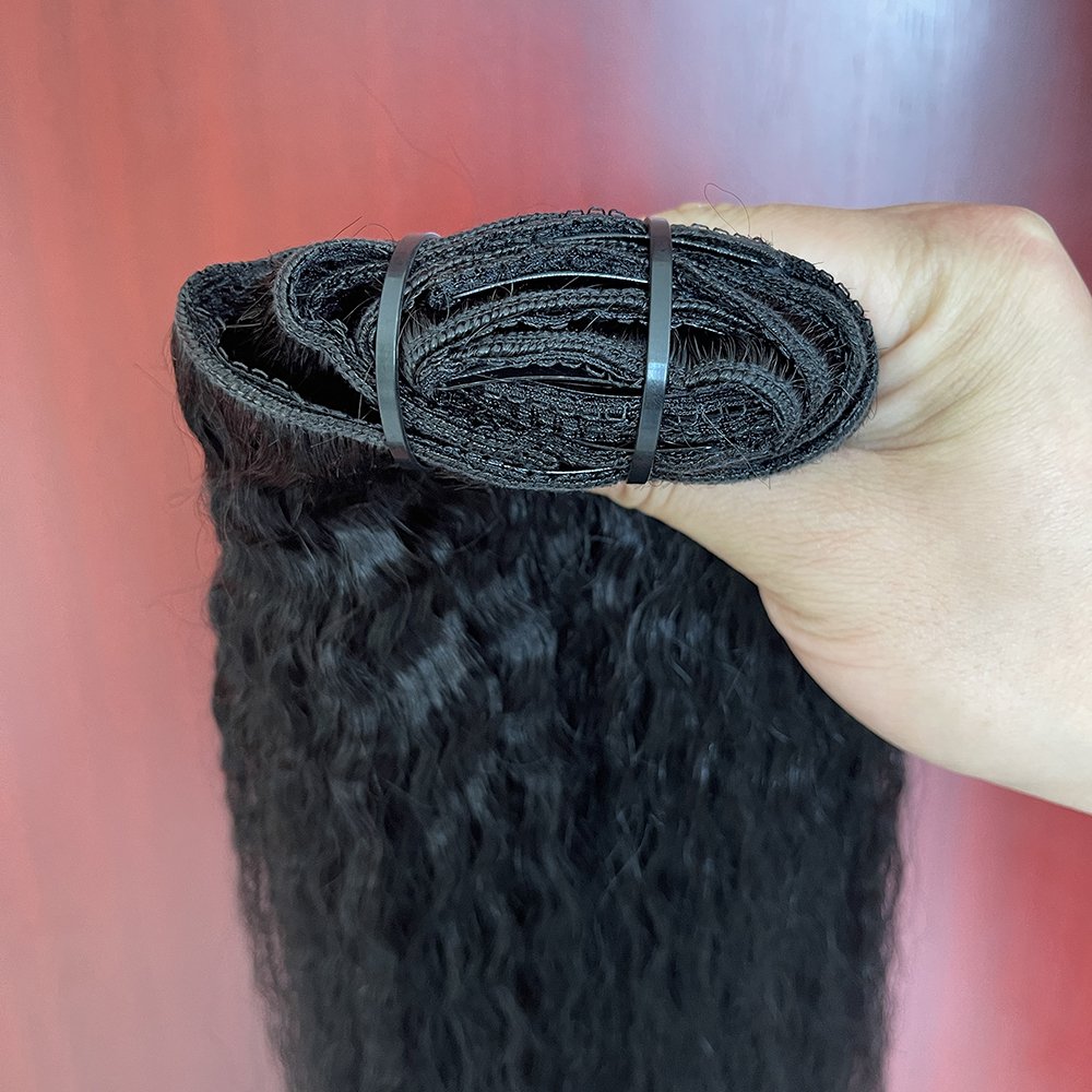 2024 top quality seamless clip in hair extension natural black yaki clip ins kinky straight hair extension