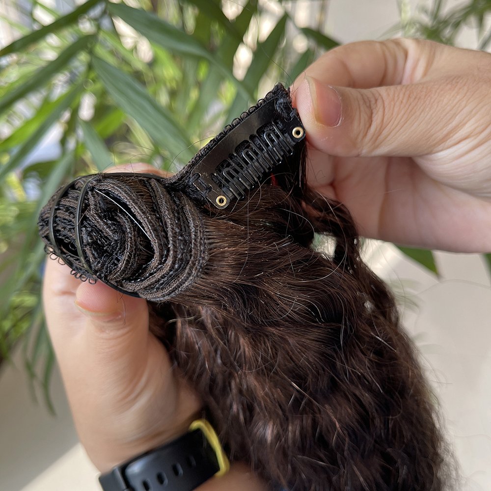 2024 top quality seamless clip in hair extension natural black yaki clip ins kinky straight hair extension